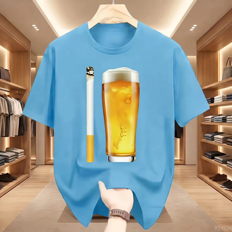 Cigarettes and Beer Humorous Joke Pure Cotton Printed Men's and Women's Clothing Summer New Casual Loose Fashion T-shirt