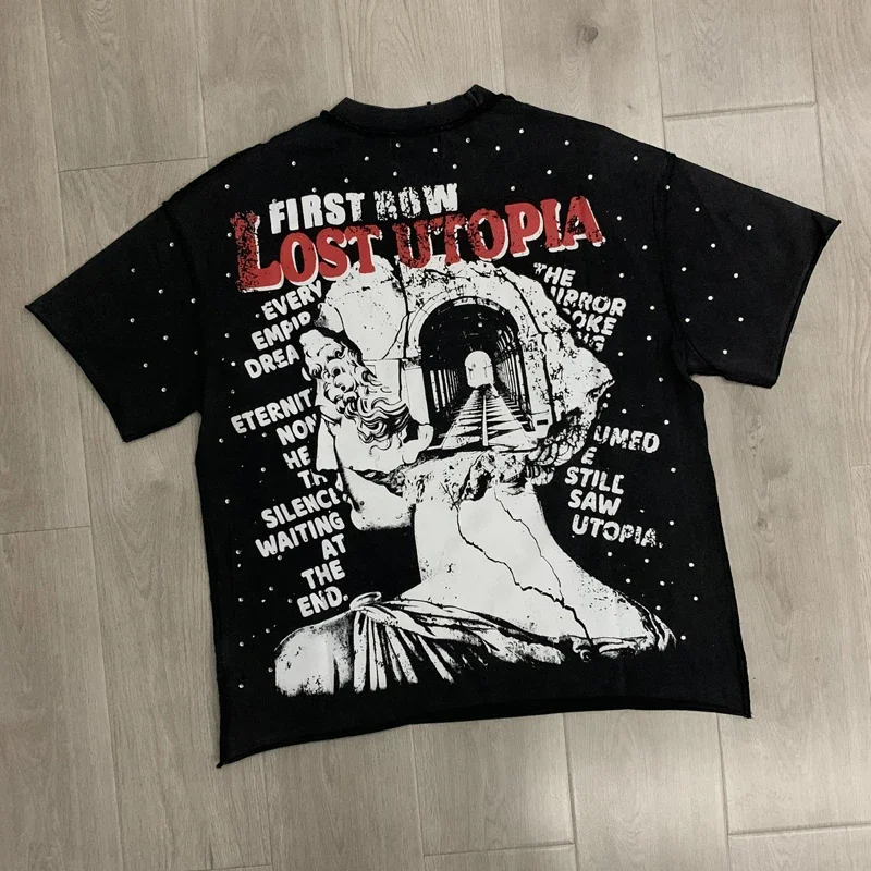 Summer Men Women Streetwear FIRST ROW T-shirt Real Photo Blue Flame Letter Print Rock Hip Hop Cotton Tee Short Sleeve
