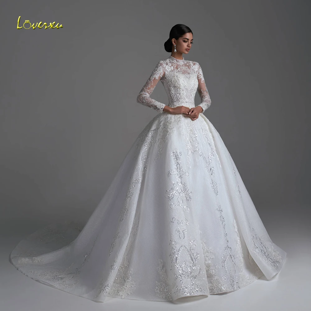 

Loverxu Ball Gown Princess Wedding Dresses 2024 High Neck Long Sleeve Vestido De Novia Lace Beaded Chapel Train Robe De Mariee