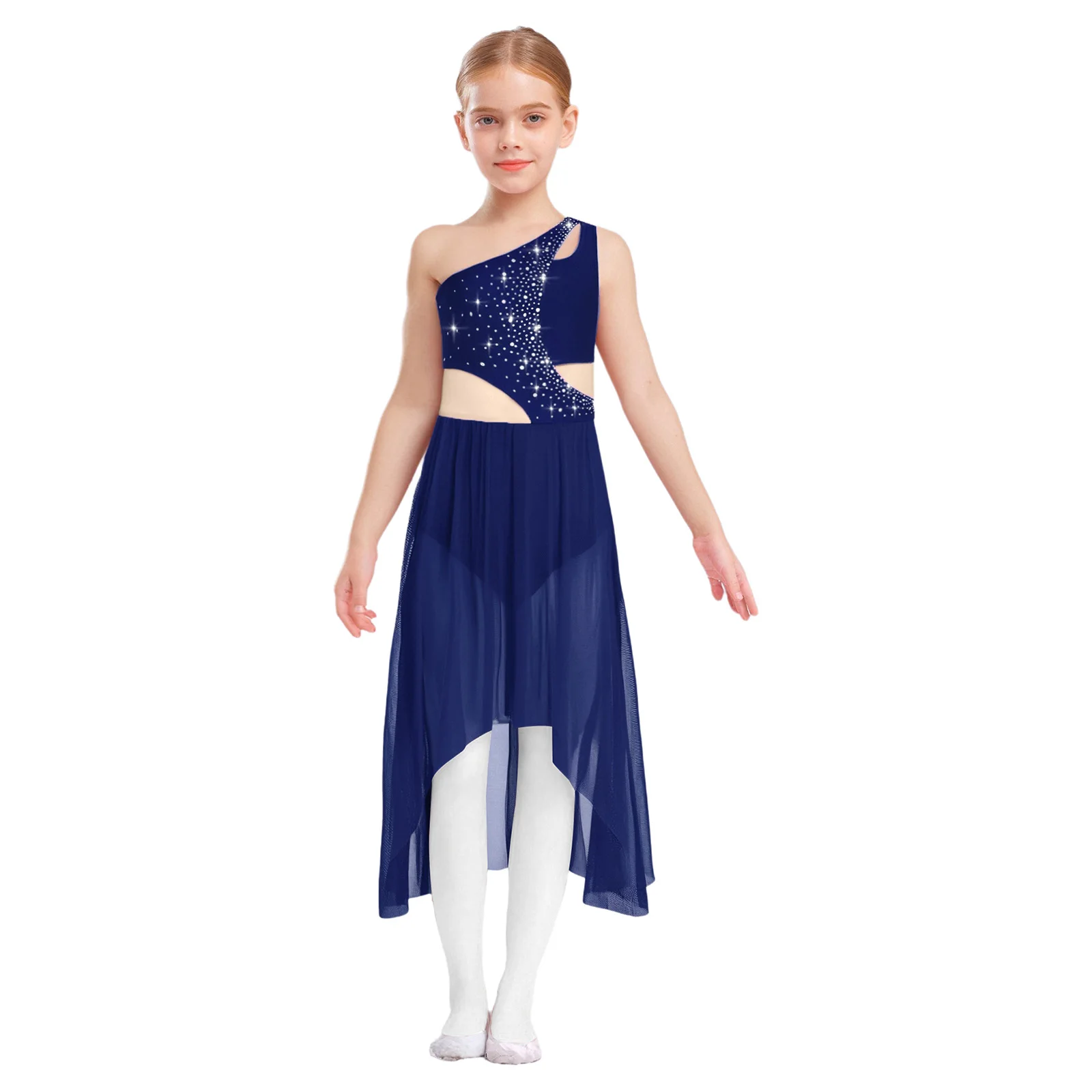 

Girls Gymnastics Figure Skating Dance Costumes Shiny Rhinestones One Shoulder Sleeveless Latin Dance Dress for Stage Dance Show