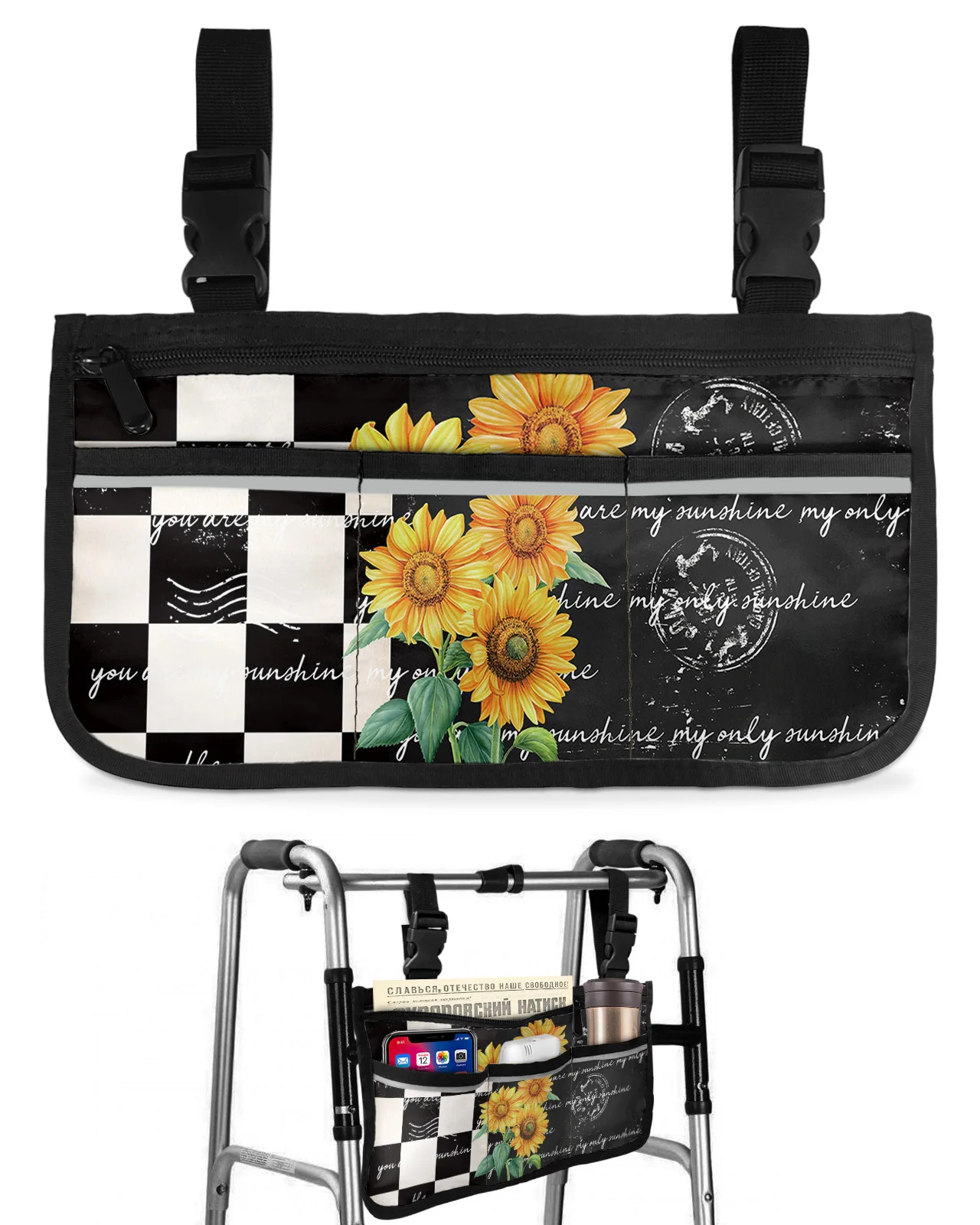 Farm Flower Sunflower Lattice Wheelchair Bag With Pockets Armrest Side Bags Electric Scooter Walking Frame Storage Pouch