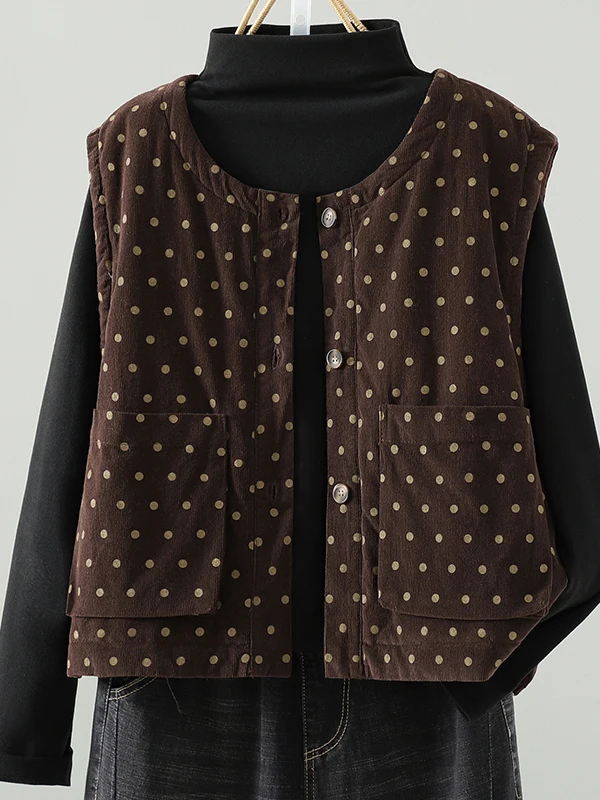 Autumn Winter Corduroy Women's Jacket Cotton Vest Artistic Retro Style Filling Clothes Regular Length Outerwear Polyester Fiber