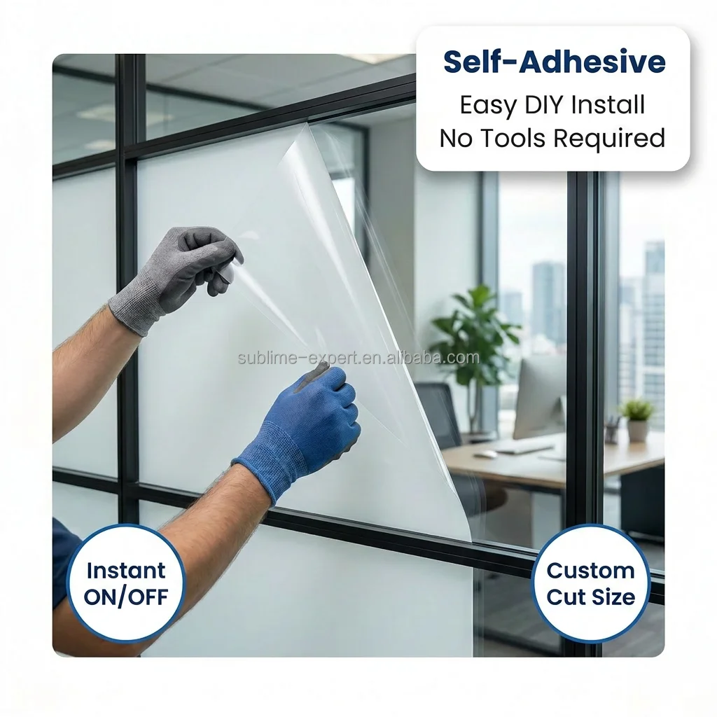 Self-Adhesive PDLC Smart Film Electric Easy Install Instant On/Off Custom Cut Size Long-lasting Switchable Privacy Window Film
