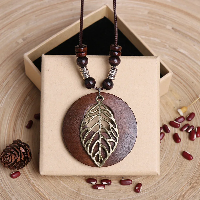 Ethnic Round Wooden Leaf Owl Long Sweater Chain Necklace Women Retro Clock Pendant Female Jewelry Neck Accessories Gift Collar