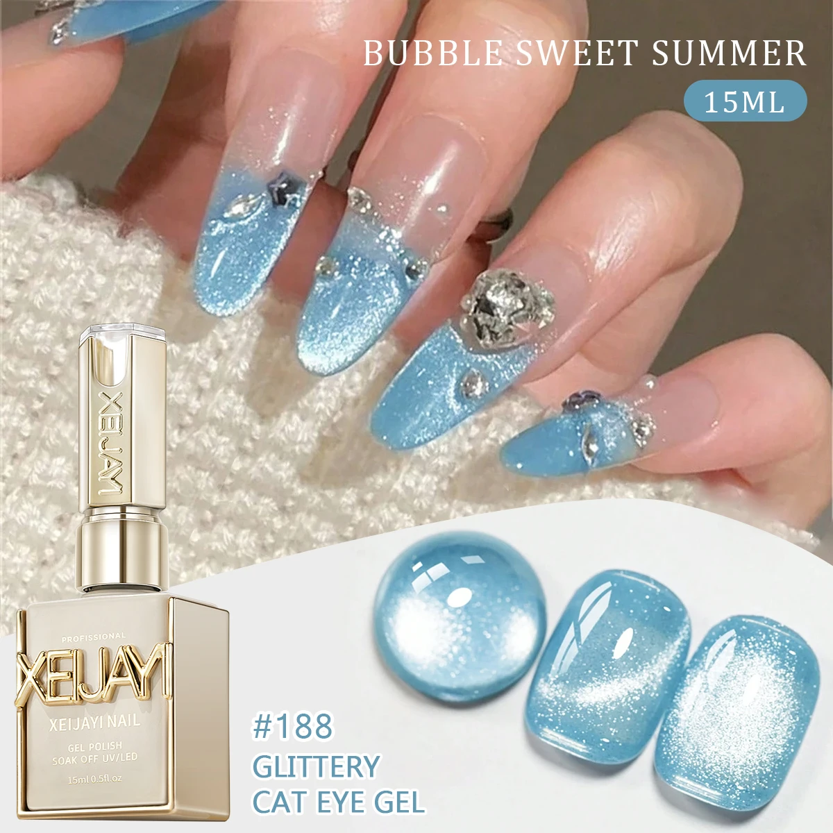 1pc Bubble Sweet Summer Cat Eye Nail Polish Gel New Style Blue Pink Cat Eye Nail Art Suitable for Women's Nail Salon Design