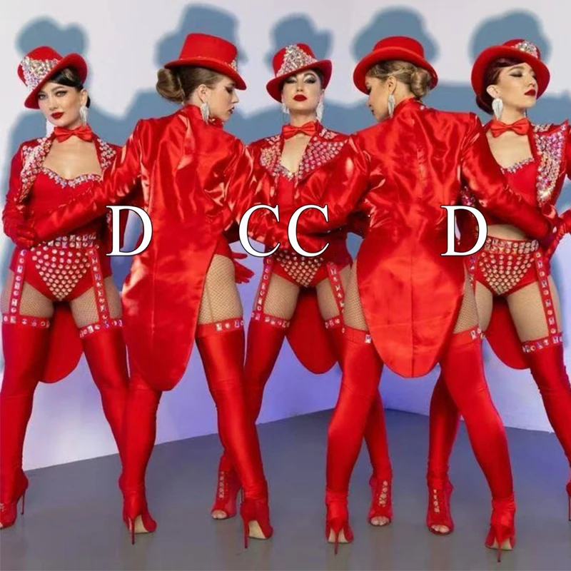Strój na bar, do klubu nocnego, dla DJ-a, występ DS, kostium cosplay dla kobiet, strój tancerki gogo, czerwone bikini z diamentami, ubrania sceniczne, odzież rave, XS10289