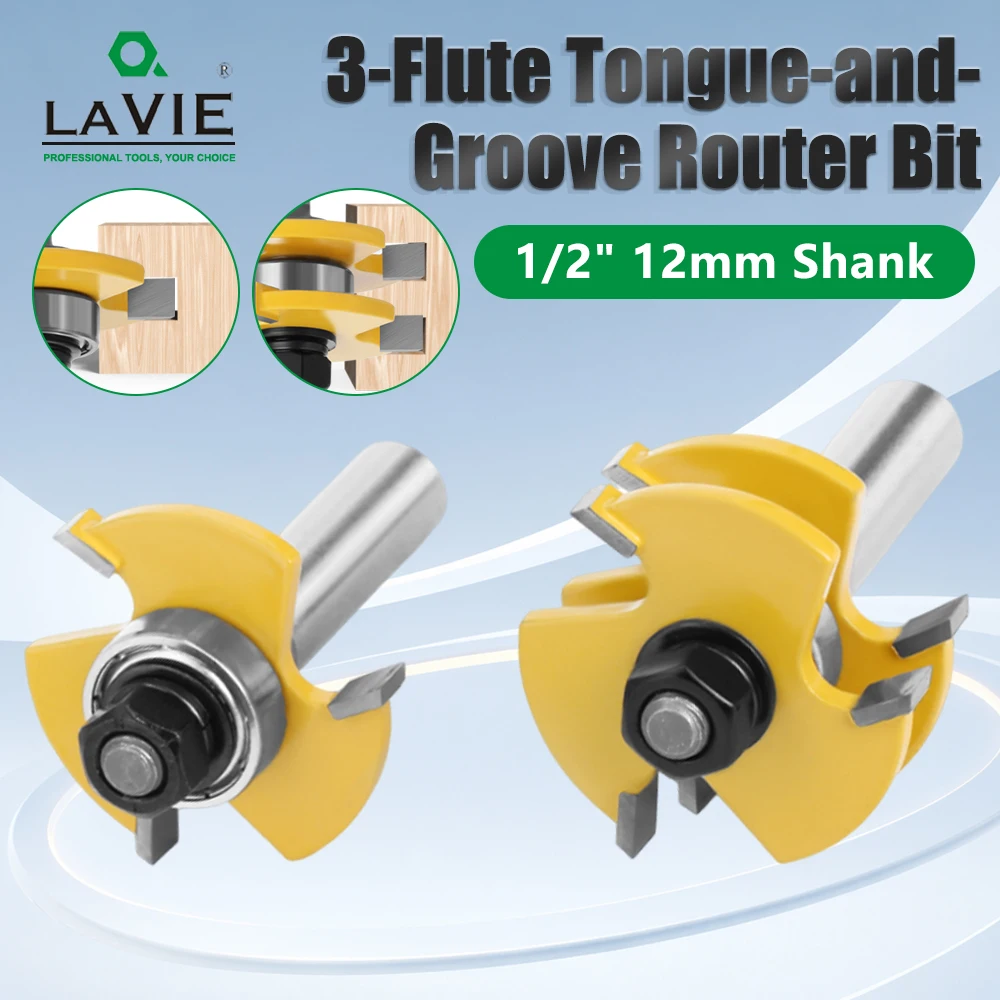 LAVIE 12mm & 12.7mm Shank 3-Flute T-Slot Tongue Groove Router Bit Set, 47mm Bearing Guided Adjustable Milling Cutter MC03033