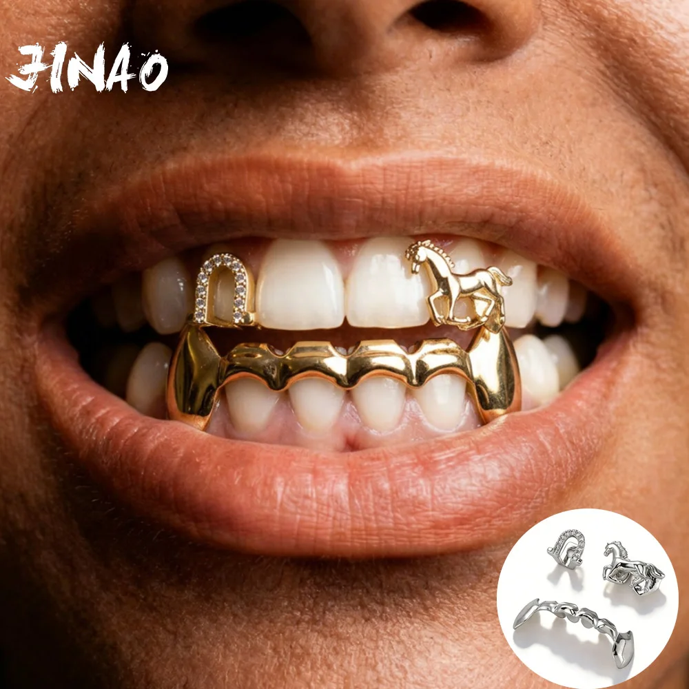 JINAO Hip Hop 3pcs Teeth set iced CZ Single Arc fang Grillz Top&Bottom shinny Horse Grill Punk Rapper Christmas Gift