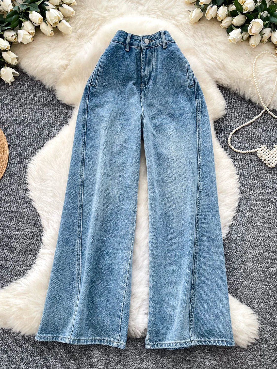

American Retro High Waist Wide Leg Jeans Women Spring Classic Loose Slim Hiding Hip Versatile Straight Long Pants