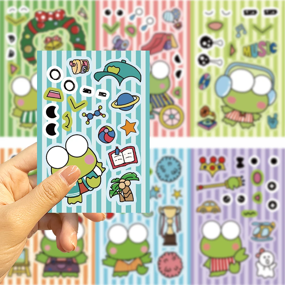 Pegatinas de rompecabezas de Kero Keroppi para niños, juguetes educativos de ensamblaje de dibujos animados, juego de fiesta divertido, hacer una cara, Sanrio, DIY, 8, 16 hojas