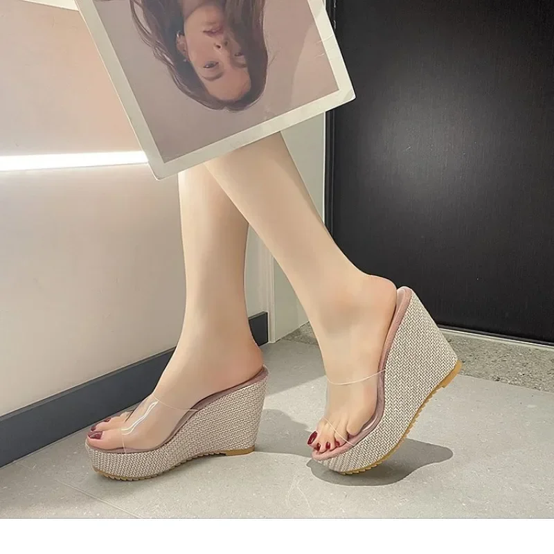 2024 Women Shoes High Heels Transparent Slippers Low Platform on A Wedge Women Heels Slides Block High Soft Casual Rome  Sandals