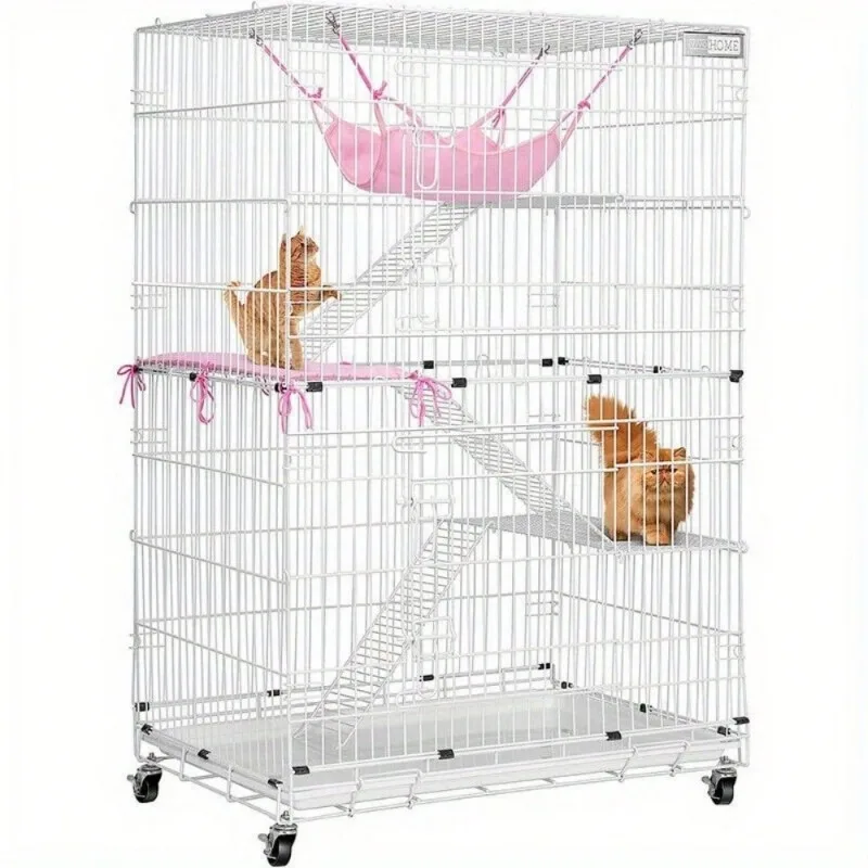 Large Folding Cat Crate Fence (Climbing Ladder/Platform/Wheels) DIY Pen (Detachable ) Hammock Hanging Ball, Suitable for Cats