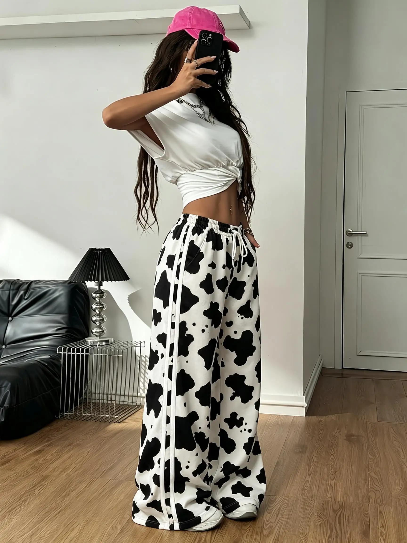 Women Animal Print Wide Leg Pants Side White Stripes Drawstring Elastic Waist Casual Street Trousers