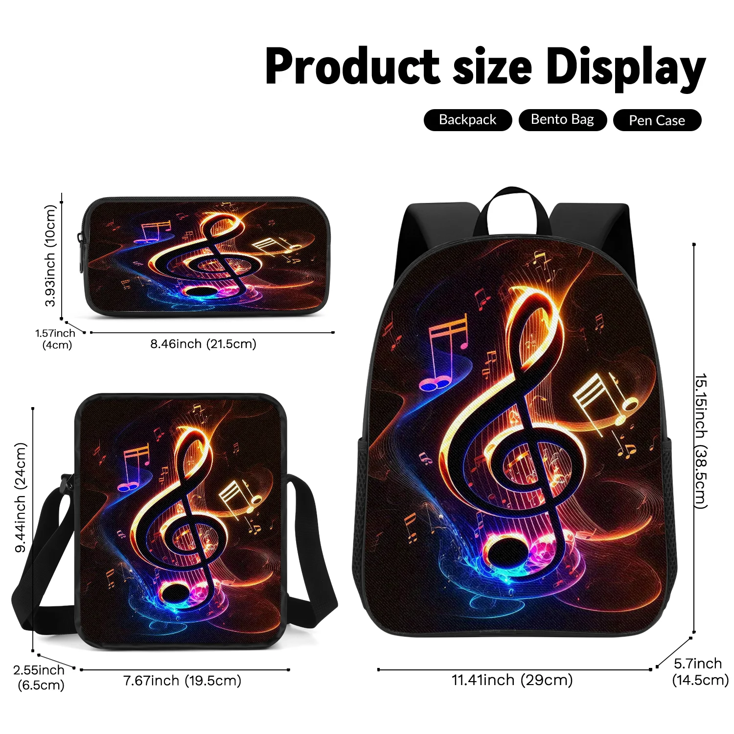 3-Piece Neon Treble Clef Backpack Set, Glowing Music Note Print School Backpack with Crossbody Bag and Pencil Case, Lightweight