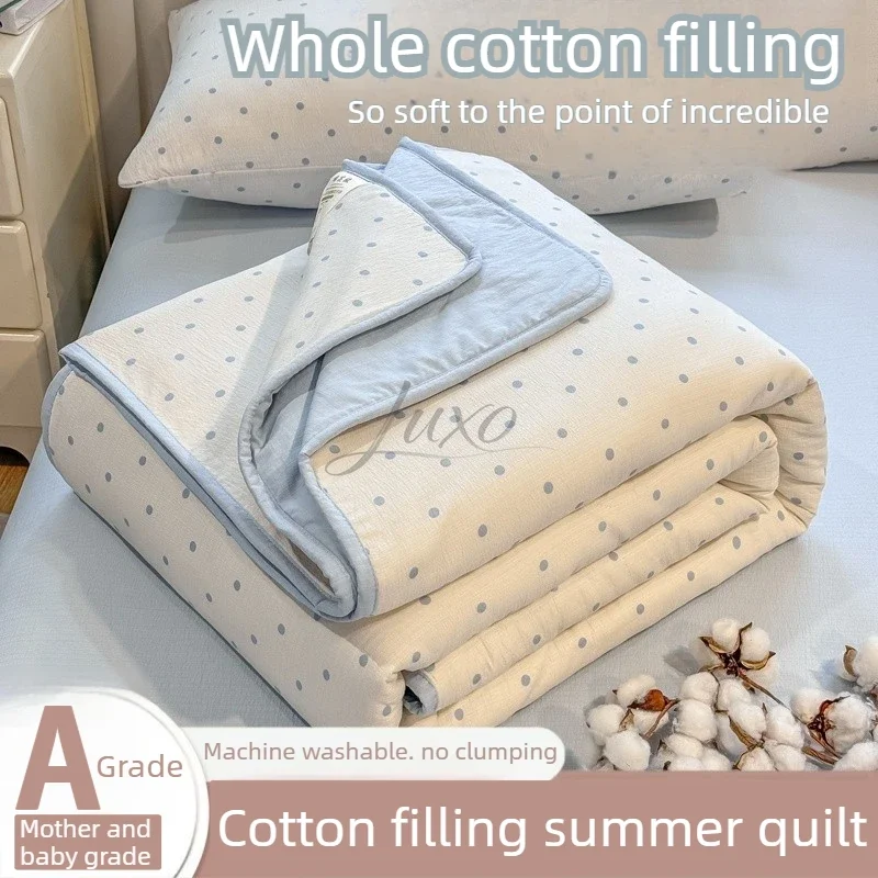 New Blue Polka Dot Print Summer Blanket Whole Cotton Filling Quilted Duvet Soft Thin Breathable Comforter Cool Refreshing Quilt