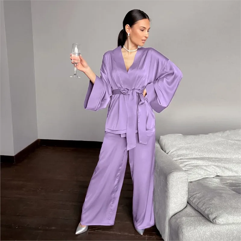 Women\'s 2024 Matching Sets Pajamas With Belt Satin Tow Pieces Suit Soft Loose Pyjamas Casual Solid Sleepwear Female Home Clothes