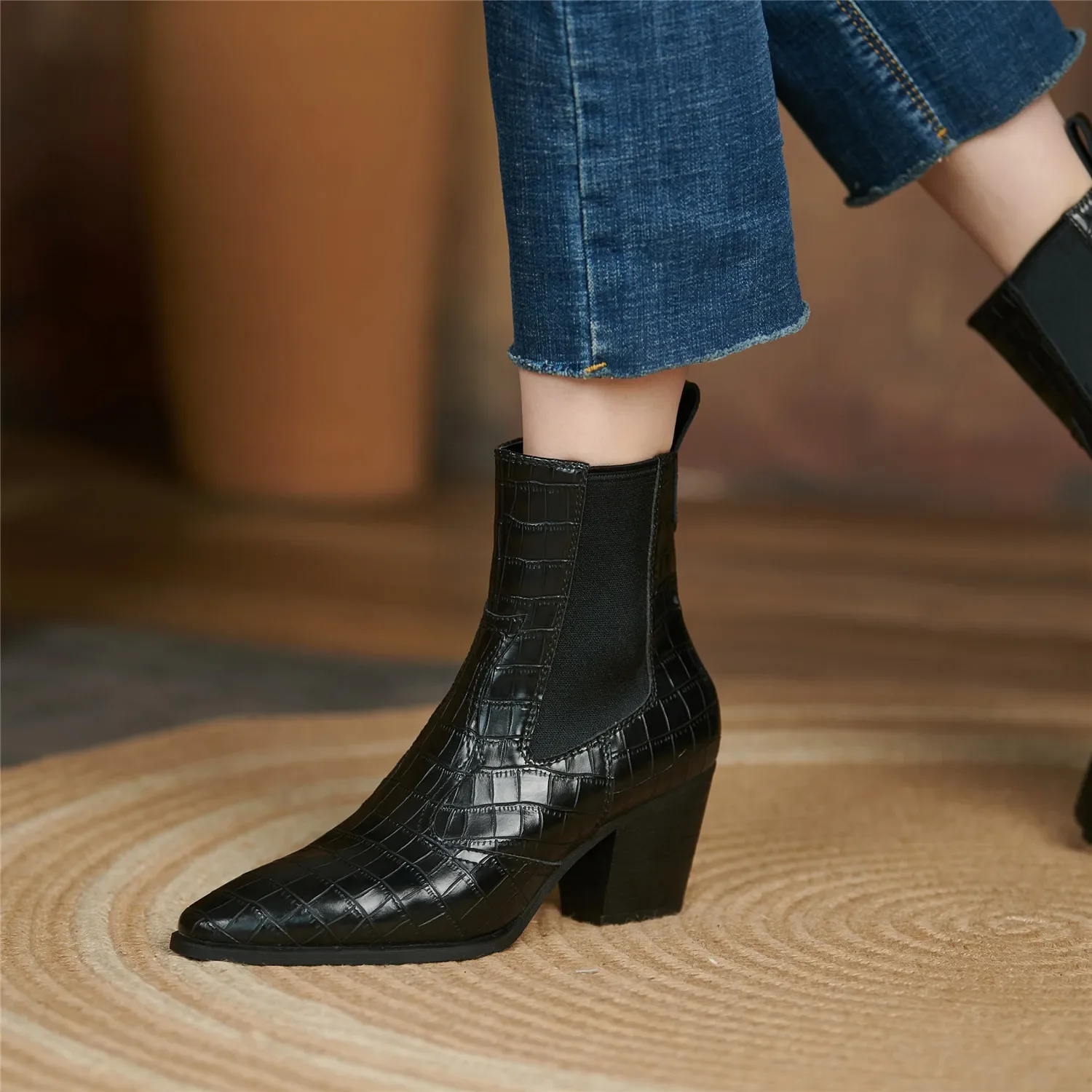 Cowboy Ankle Boots for Women Luxury Cow Split Genuine Leather Block High Heel Elastic Band Short Booties Goth Brown Black Shoes