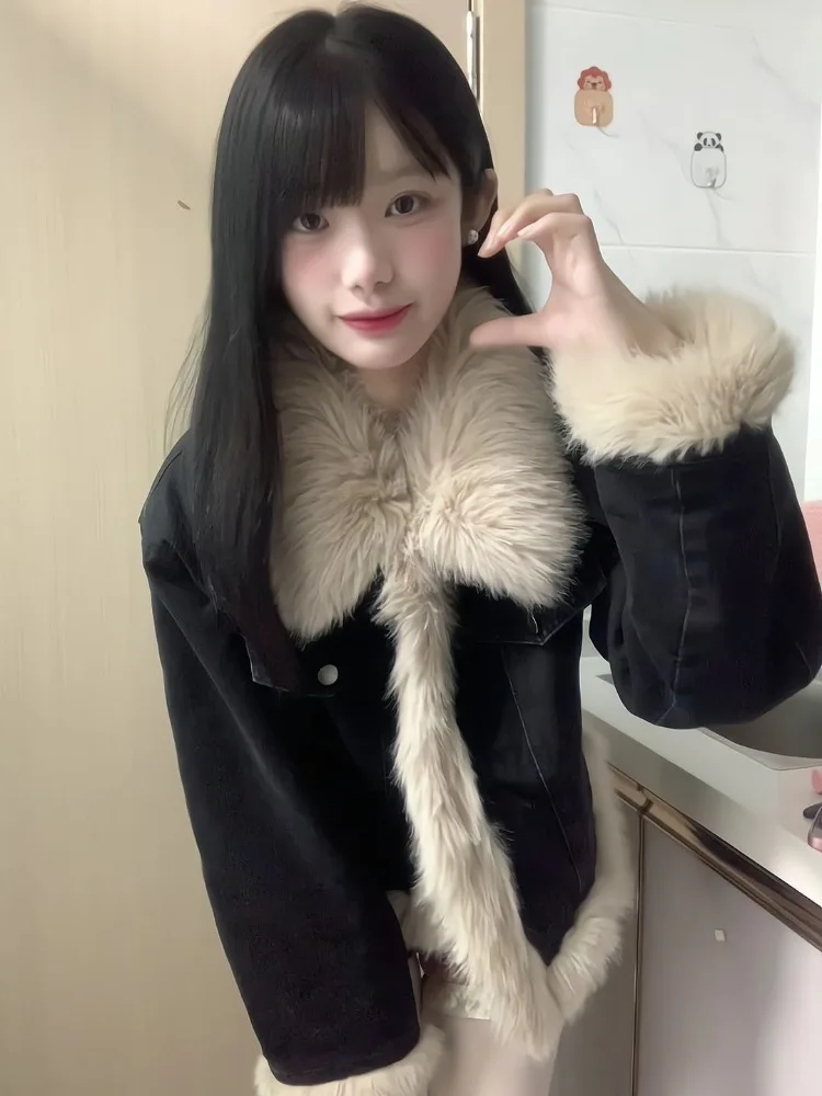 Denim Coat Patchwork Fur Cotton Early Autumn New Black Jackets Harajuku Gothic Vintage Casual Tops Mujer Y2k Street Outercoat