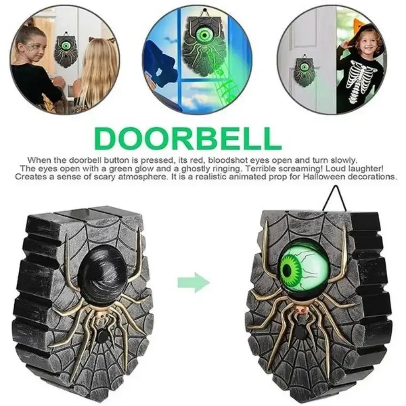 Ghost single eye scary spider doorbell wit scary glowing/spooky sound/eye movement, creative scary spider doorbell eye decoratio