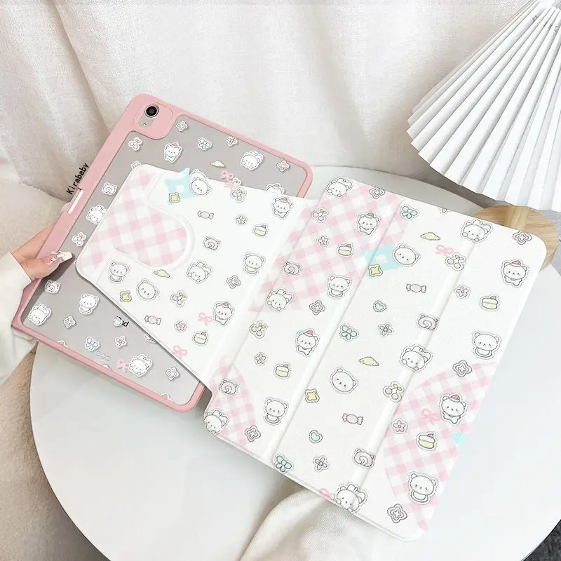 Plaid Teddy Bear Case For iPad Pro 11 13in 2025 iPad Pro 12.9in Air7 10th 11th M4 M5 Three  Folding Rotate Protective Cover