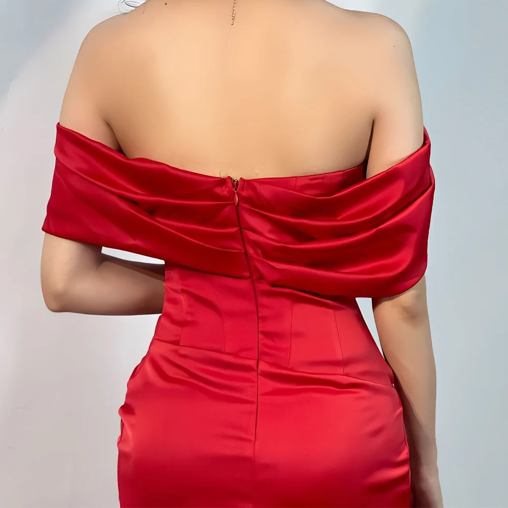 Customized Classic Front Slit Pleats Mermaid Evening Dresses Temperament Red Strapless Off the Shoulder Zipper Back Party Gowns