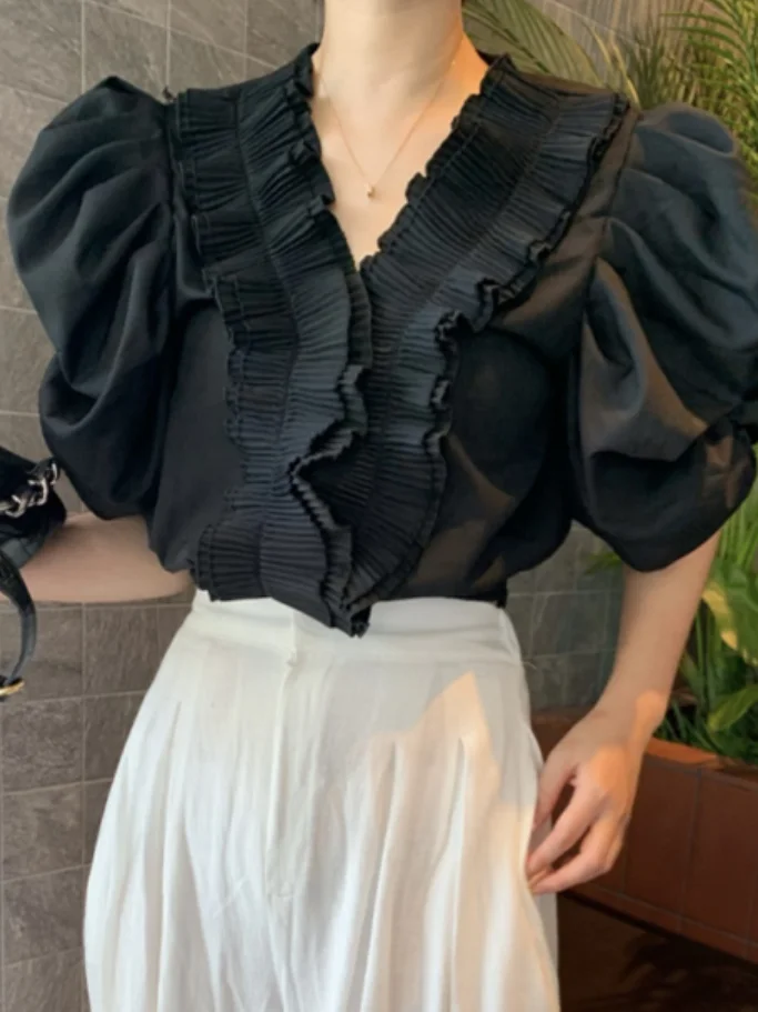 Chic White Shirt with Bubble Sleeves And Wood Grain Collar for Women Korean Style Spring Summer Autumn Fashionable Blouse