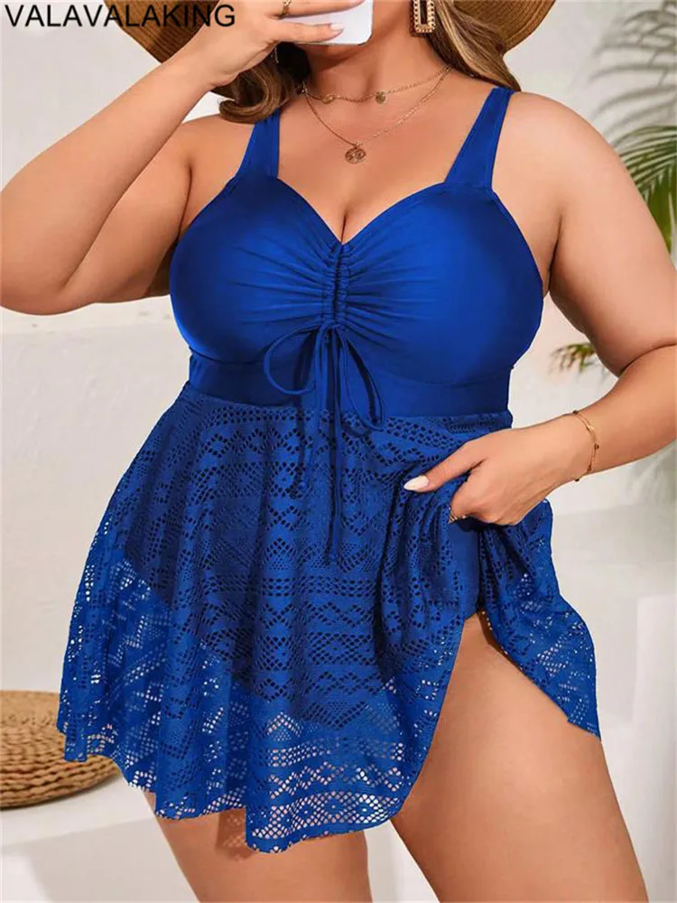 2025 Lace Patchwork Plus Size Swimwear Women Solid Strapped Large One Piece Swimsuit Brazilian Lady Chubby Curvy Bathing Suit