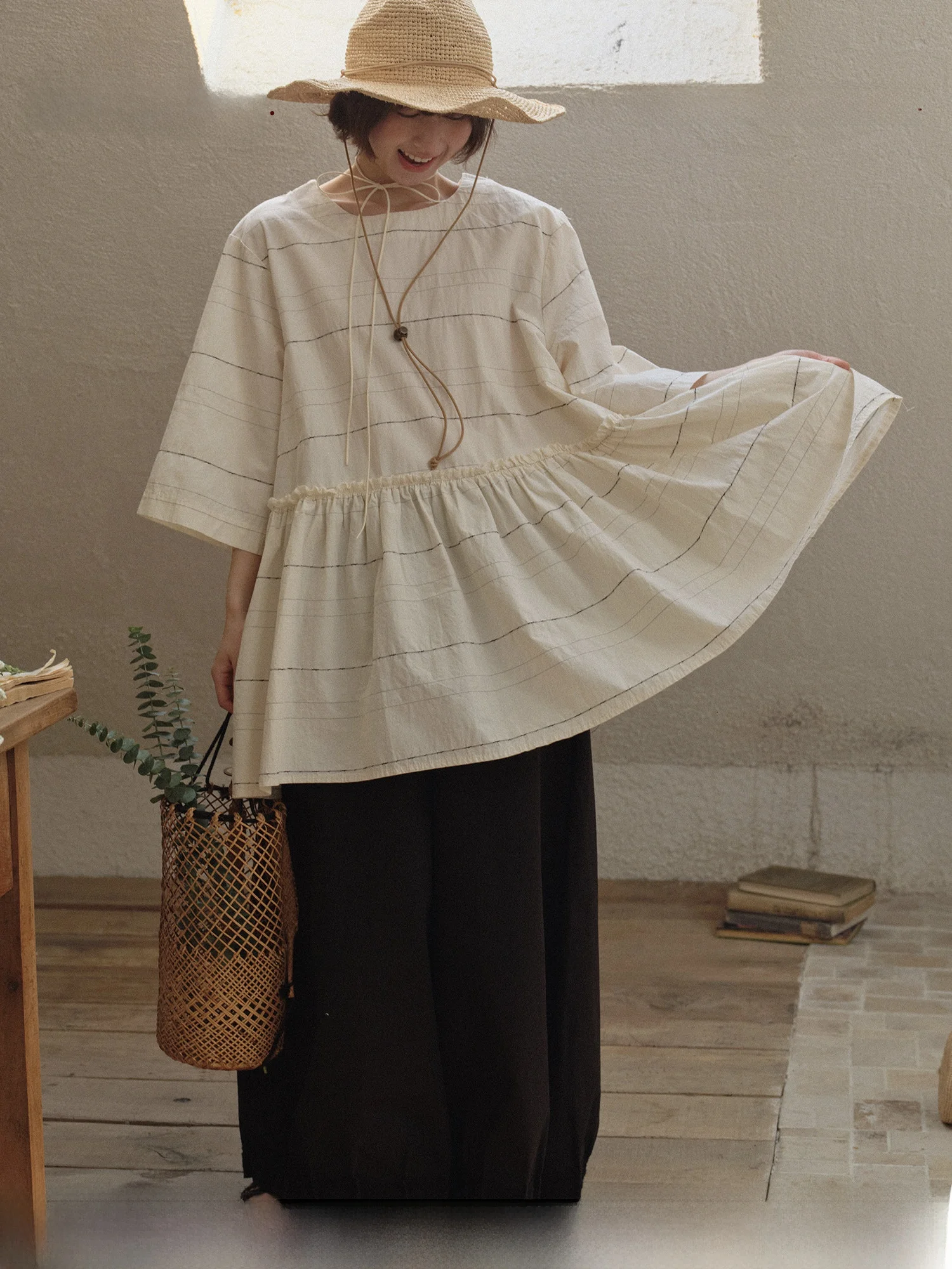 

TONGTIONG Japanese Retro Striped Mid-Sleeve Shirt Women's Spring Summer Loose Slimming Doll Shirt Cotton Blend Top