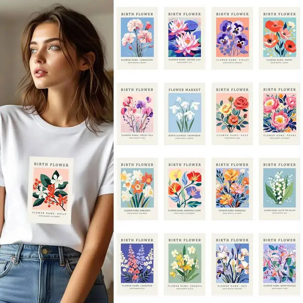 Retro Lotus Flower Letter Poster Transfer Patches For Clothes Applqiues DIY A-Level Washable T-shirts Iron-on Thermal Stickers