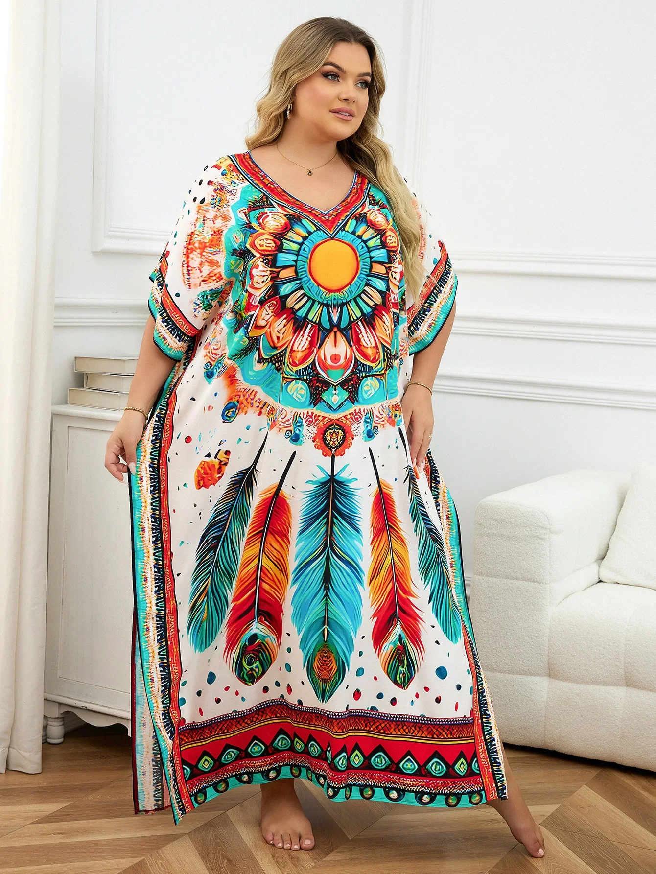 Maxi Dresses Sunflower Feather Printed Kaftans for Women V Neck Summer Beach Cover Ups Holiday Bathing Suits Dropshipping