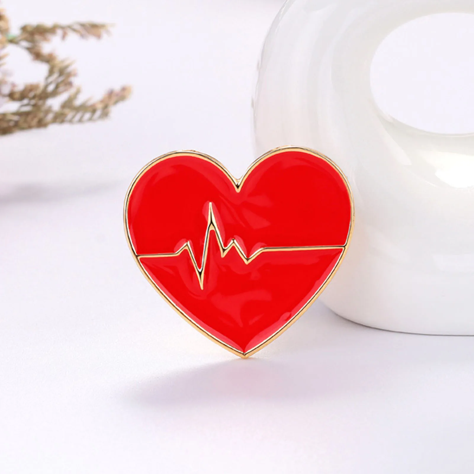 Red Heart Shaped Brooch  Alloy Electrocardiogram Curve Jewelry Enamel Pin Clothes Accessories New Year Valentines Day Gift