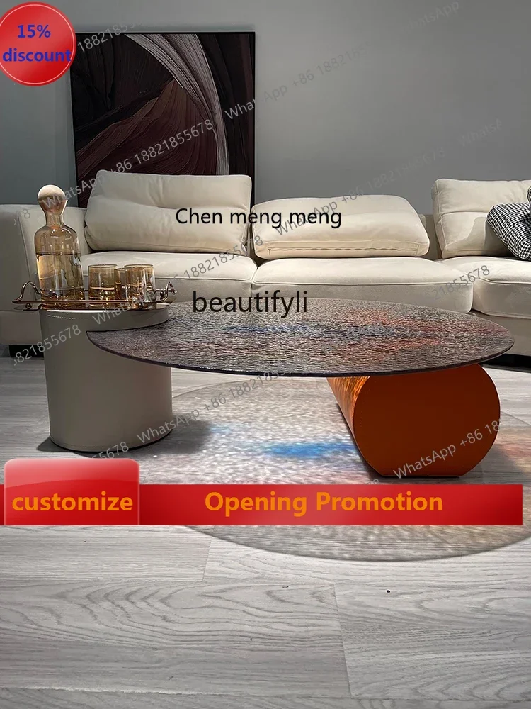 

S7486 ss Italian Minimalist round FRP Marble Water Ripple Glass Plastic Tea Table