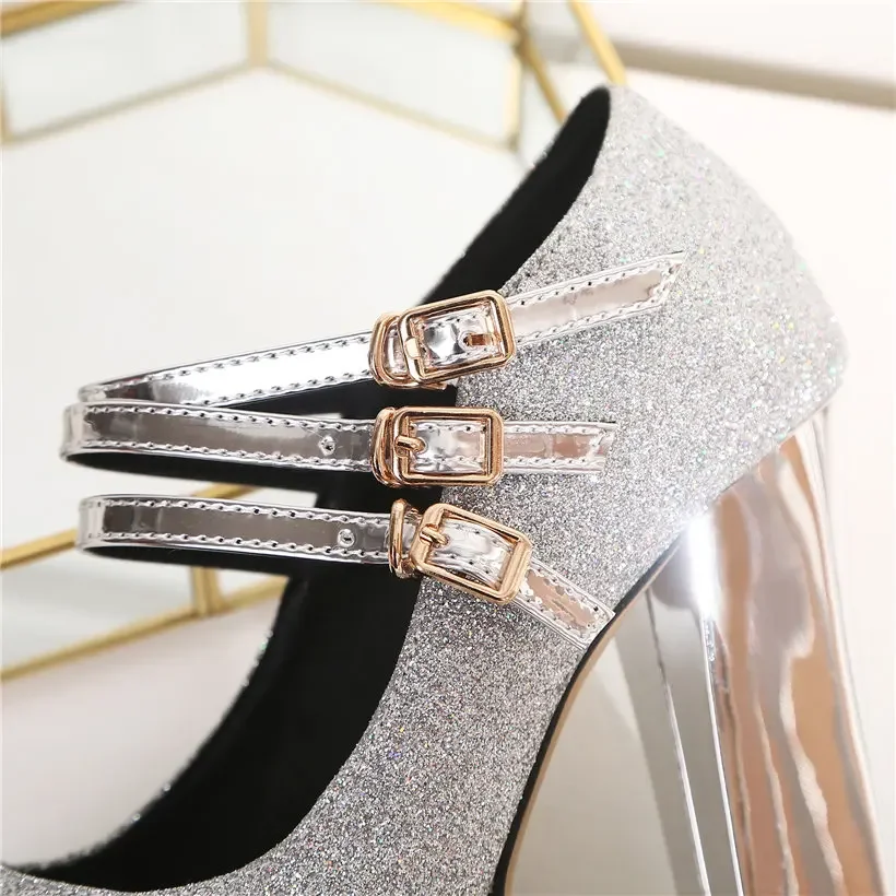 Silver Gold Bling Wedding Party High Block Heel Women Platform Pumps Red Sequined Cloth Round Toe Bridal Office Ladies Mary Jane