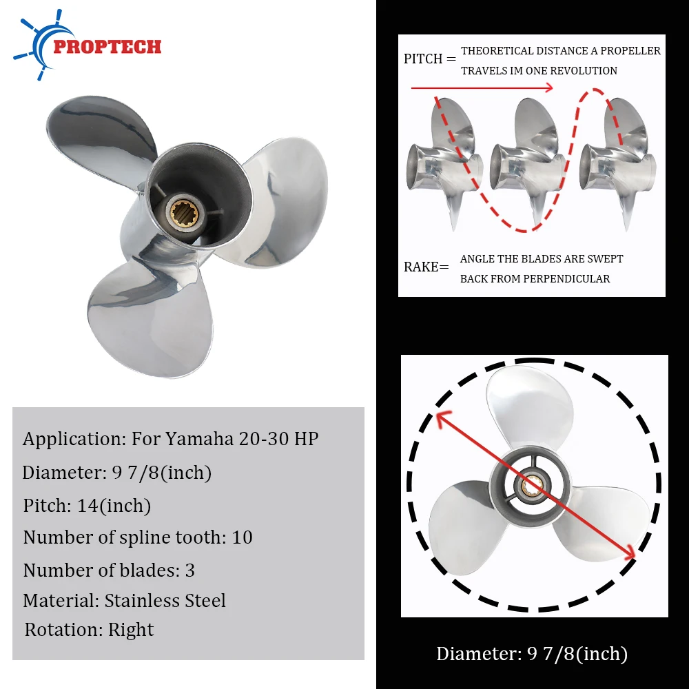 Boat Propeller For Yamaha 20hp 25hp 30hp Outboard Screw 9 7/8x14 Boat Motor Stainless Steel Propeller 3 Blade 10 Spline
