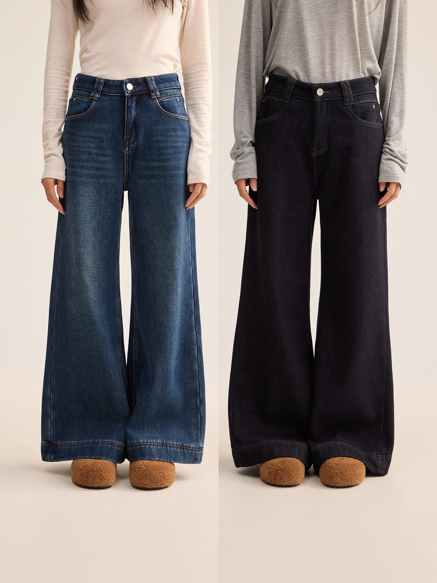 

Женские джинсы Fuxu Thiened Fce с высокой талией, расклешенные, повседневные, из хлопка, эластичные, зимние, с широкими штанинами