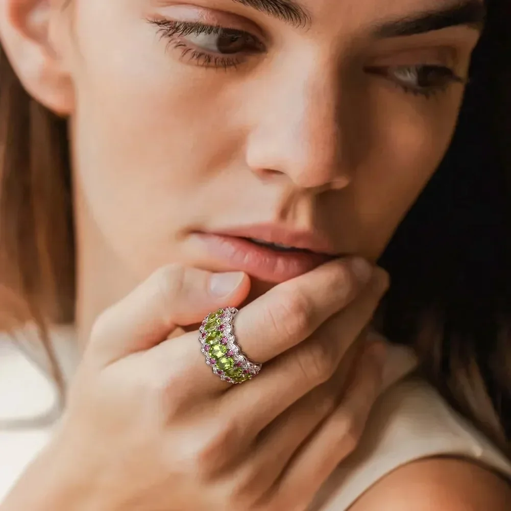 GZ ZONGFA Natural Peridot Rhodolite Jewelry Gemstone 925 Sterling Silve Chunky Finger Womens Ring For Women Birthday Gifts
