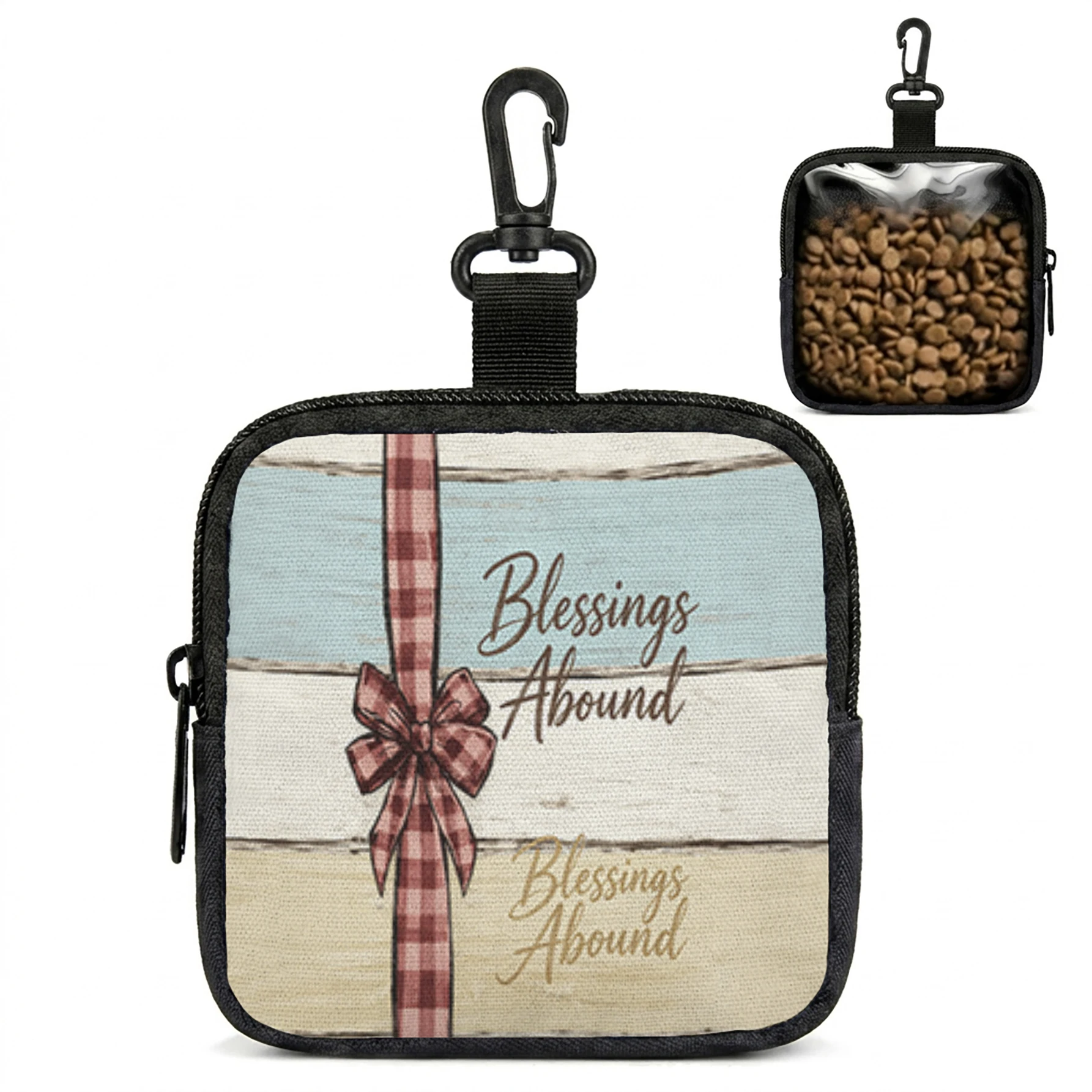 Blessings Abound Plaid Bow Print Pet Treat Bag Mini Zipper Pouch With Carabiner, Portable Dog Snack Storage Pouch
