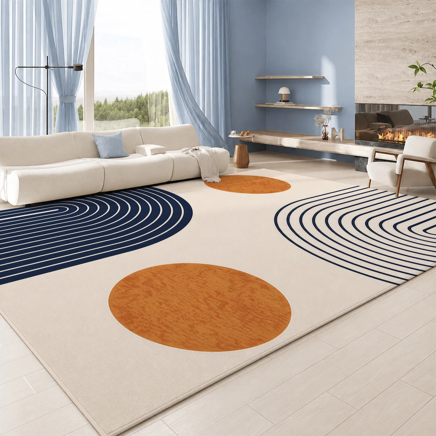 Large Indoor Area Rug, Soft Velvet Low Pile Rug with Non-slip Dotted Backing, Machine Washable Mid-Century Modern Geometric Accent Rug for Living Room, Bedroom, Entryway, Navy Blue & Terracotta Abstract Design