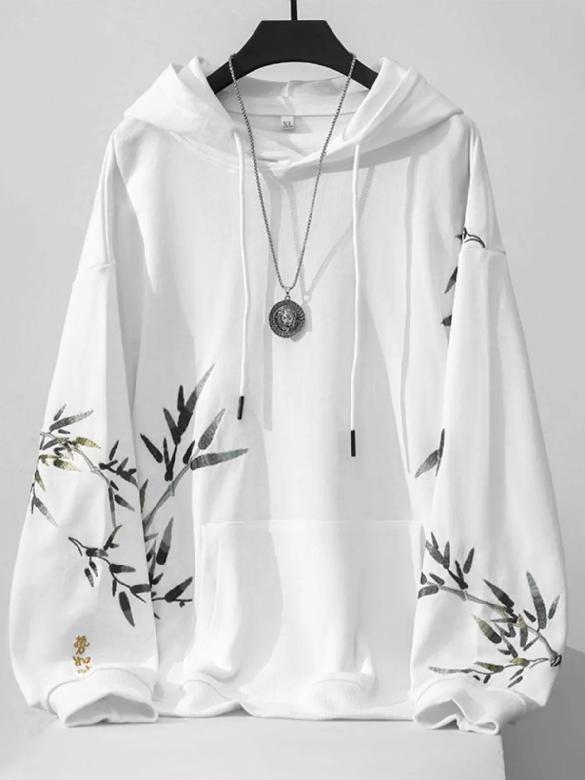 

Autumn Winter Men's Loose Fit Hoodie Bamboo Leaf Print Casual Streetwear Hanfu Inspired Comfortable Sweatshirt Youth Trend