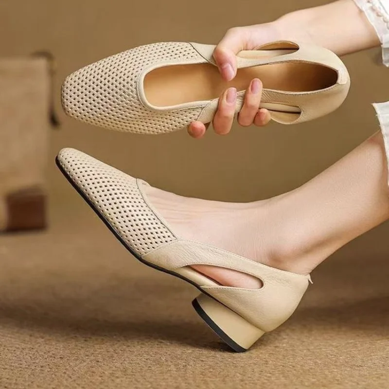Soft Leather Square Toe Hollow Low Heels, Side Cutout Breathable Shallow Pumps, Elegant Versatile Office Sandals for Women