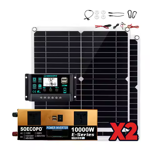 SOECOPO10000W Solar Kit 2x300W Solar Panels 12V DC - 110V/220V AC Inverter Controller Perfect for RVs Homes and Camping Equipped