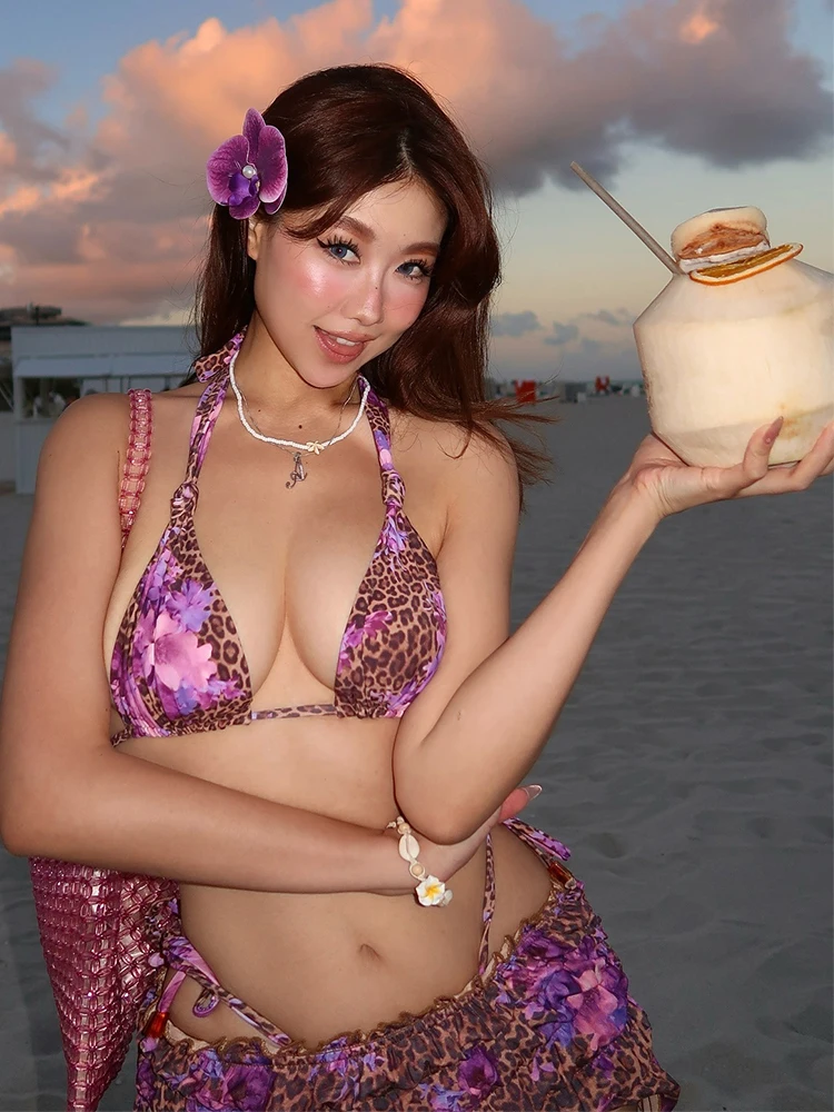 Nibber زهرة ليوبارد طباعة 3 قطعة مجموعة النساء الرسن الصدرية + حزام السراويل + طيات التنانير نحيل مثير شاطئ حفلة مطابقة الصيف الدعاوى