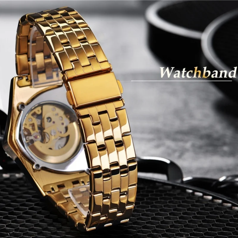 WINNER 395S Luxury Men\'s Mechanical Watches Gold Stainless Steel Top Brand Waterproof Triangle Skeleton Business Male Wristwatch