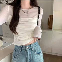 Long Sleeve T Shirt Mesh Top Womens Y2k Clothes Autumn Winter Fashion Streetwear Sexy See Through Folds T-shirts for Women 2024