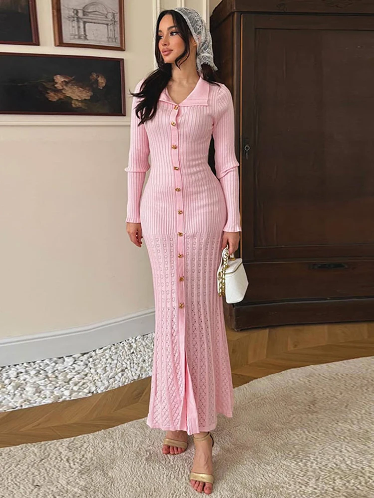 

2026 Шикарное женское элегантное трикотажное женское платье с отложным воротником и длинными рукавами, однобортное женское длинное платье