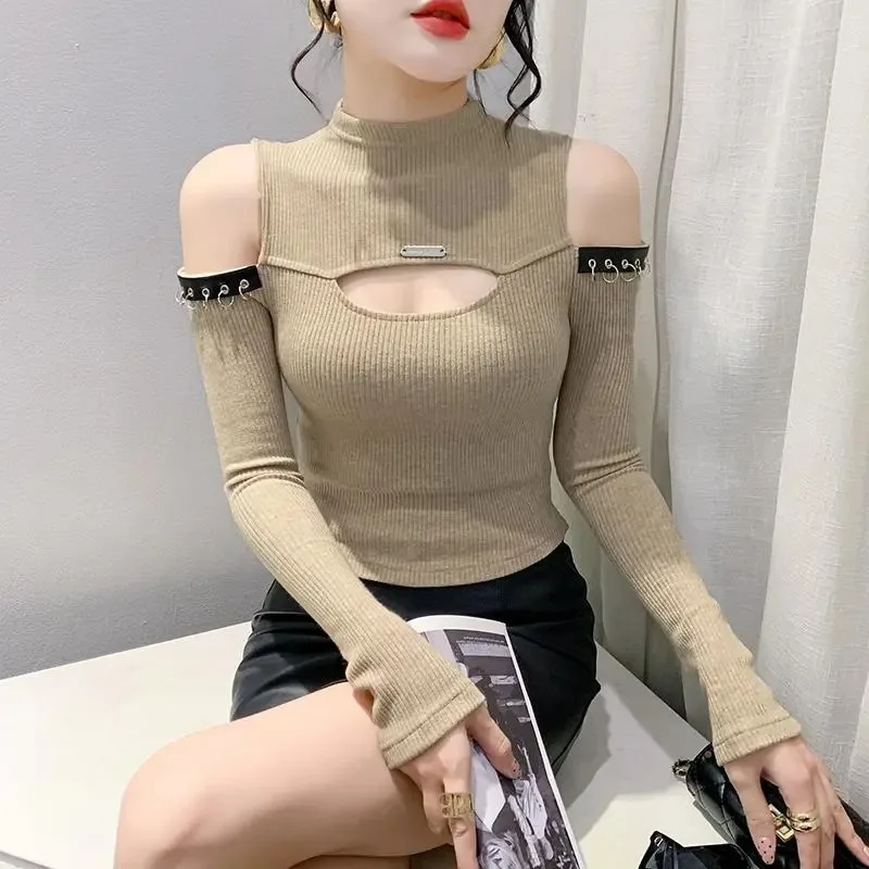 Hollow T-shirt for Women Long-sleeved Short Off-shoulder Stylish Tops Half-turtle Collar Versatile for Autumn Winter Tees