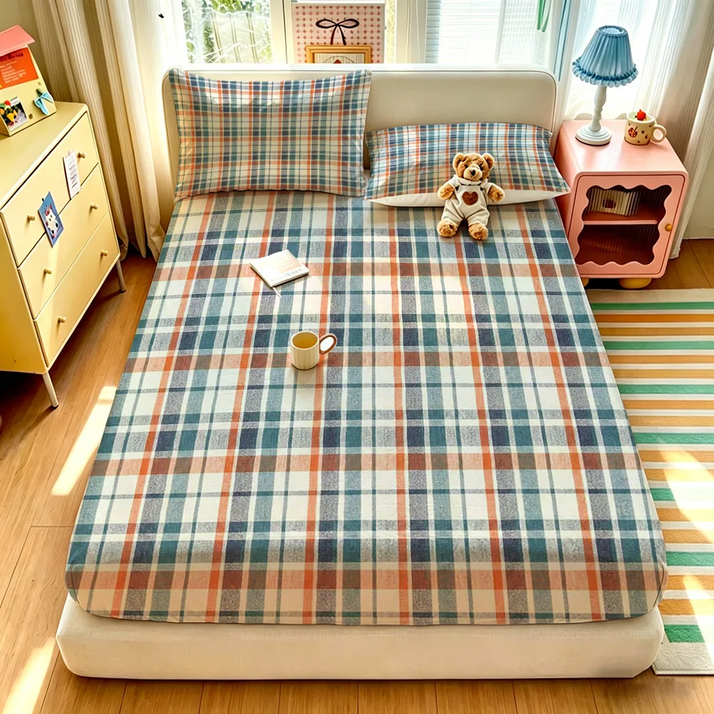 3 pieces of 90g polyester blue-orange-white plaid fabric, soft and comfortable for bedding sets