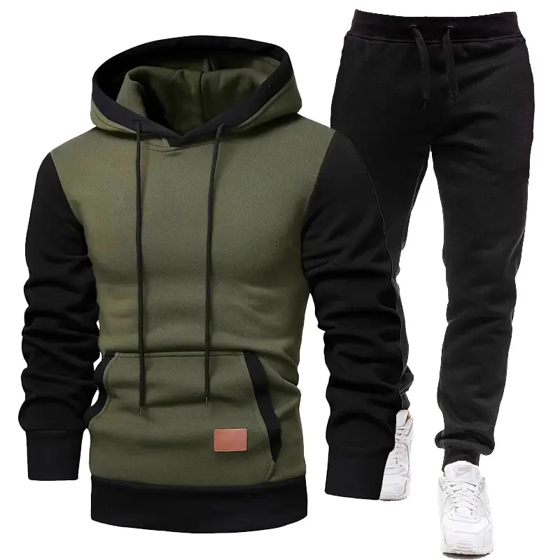 

Pop Spring And Autumn Men's Sports Suit Fleece Lined Hooded Sweatshirt + Sweatpants 2 Sets Leather Label Embroidery Men's W