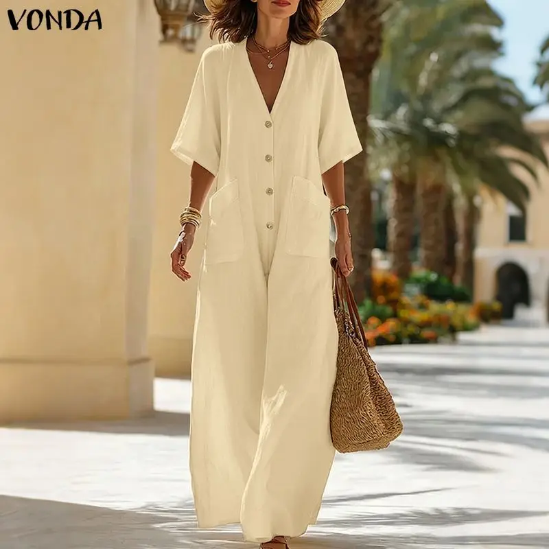 

Vintage Jumpsuits VONDA 2026 Plus Size Women Solid Overalls Casual Loose Big Pockets Buttons V Neck Party Playsuits Oversized