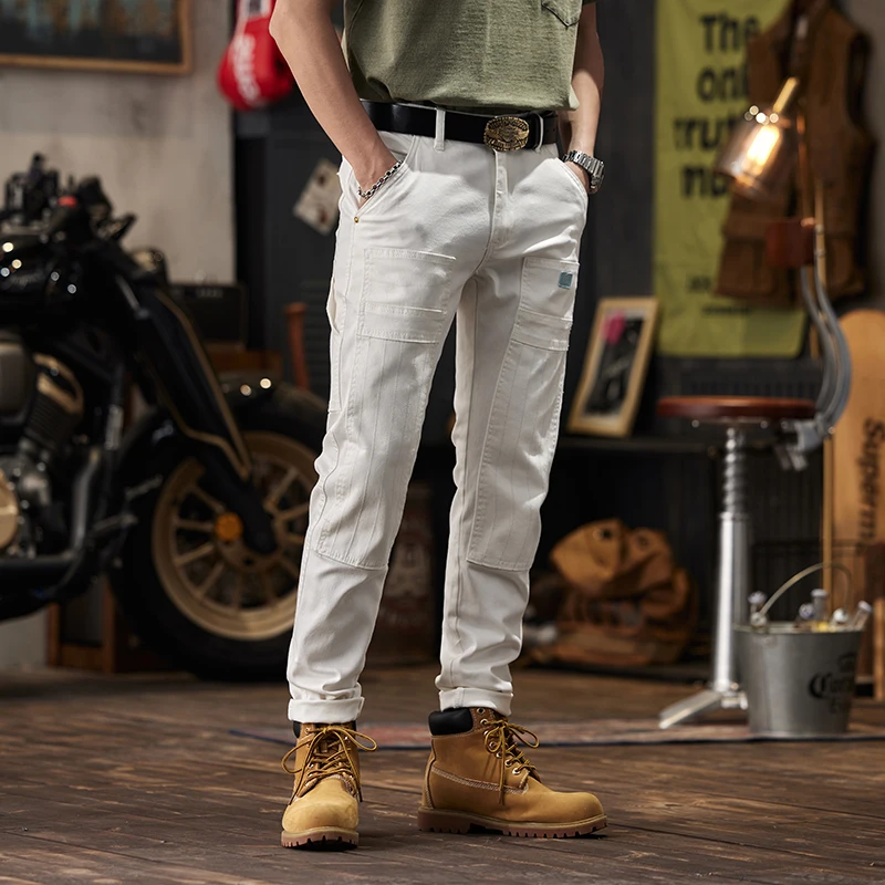 Calça apertada de tornozelo justa masculina, jeans branco para costura de motocicleta, elástico de alta qualidade, moda coreana